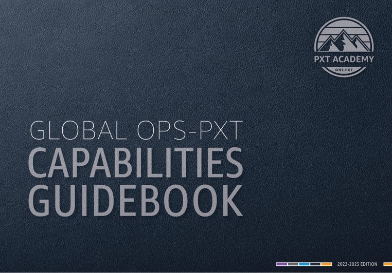 Global Ops-PXT Capabilities Guidebook cover, translated into Spanish and Portuguese