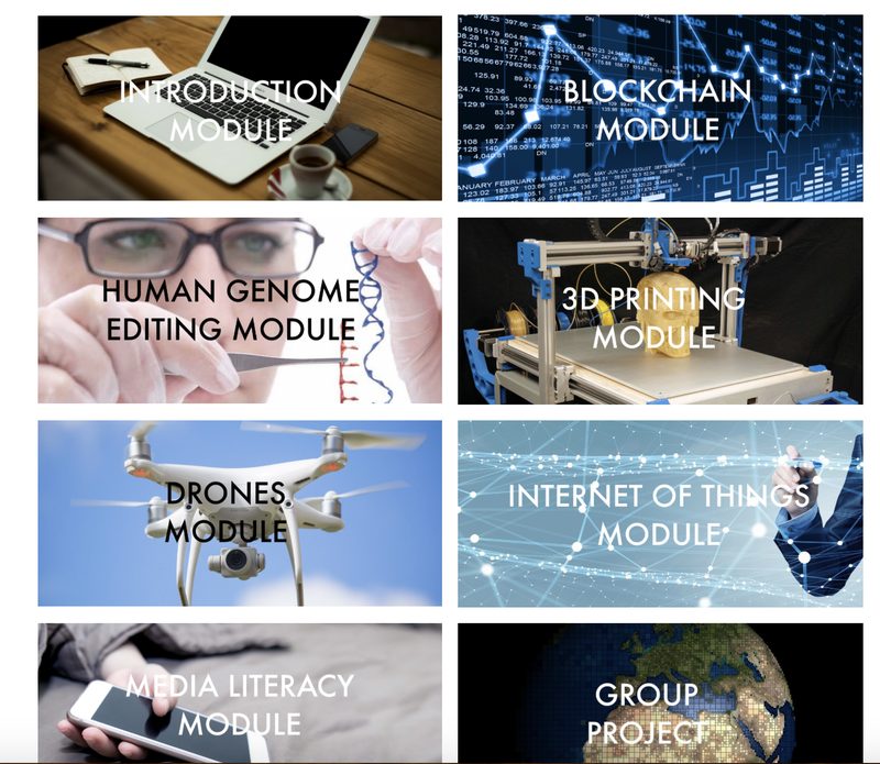 FIU course module grid showing blockchain, 3D printing, drones, and IoT curriculum